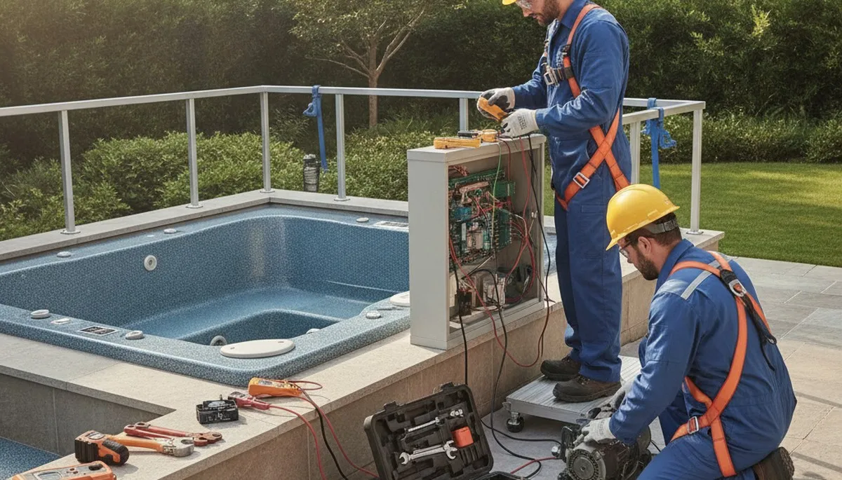 Spa repair technician servicing a home spa in Cherry Hill, NJ for jet and heating issues